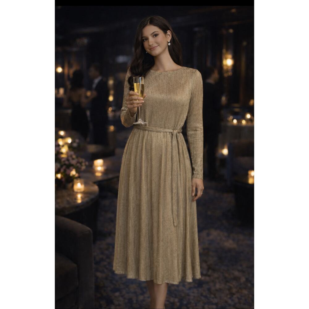 NWT- SIZE 6 Anne Klein Gold Crinkle Long Sleeve Metallic Waist Tie Midi Dress